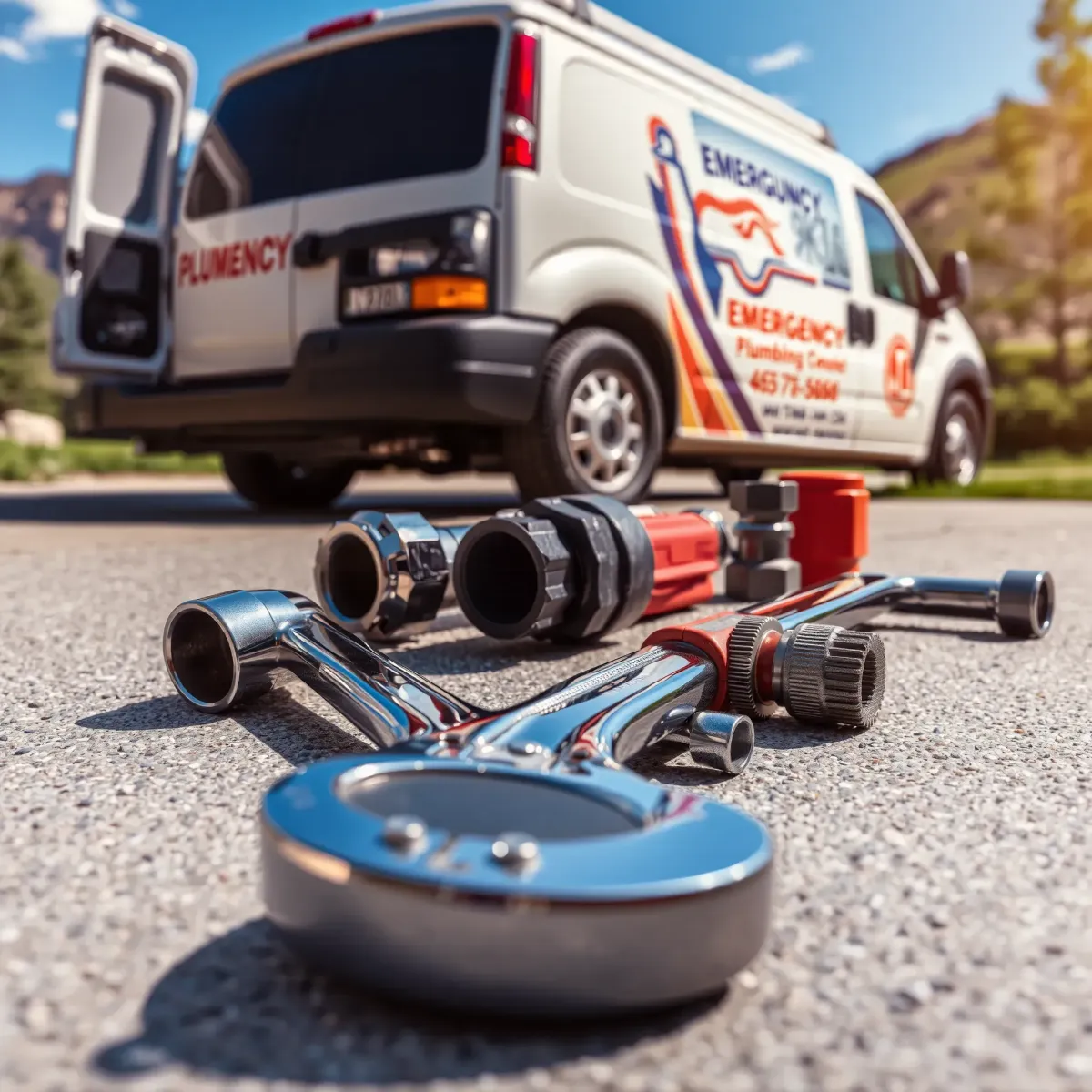 Emergency plumbing scene in Eagle, CO, with tools, fittings, and a service van against scenic mountain backdrop.