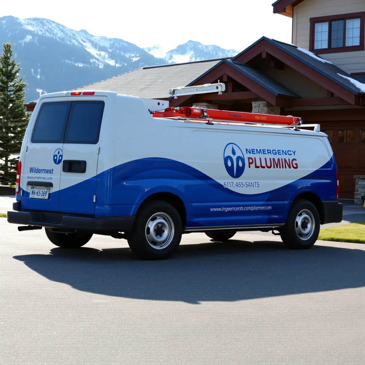 Organized emergency plumbing van with professional branding in front of a modern Colorado mountain home featuring snowy peaks.