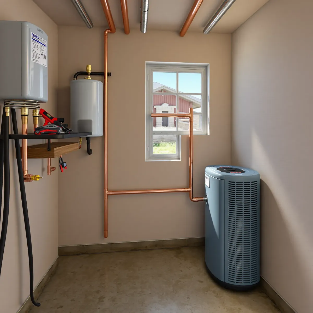 Completed emergency plumbing installation in Burns, CO with polished copper pipes, brass fittings, and a modern water heater.