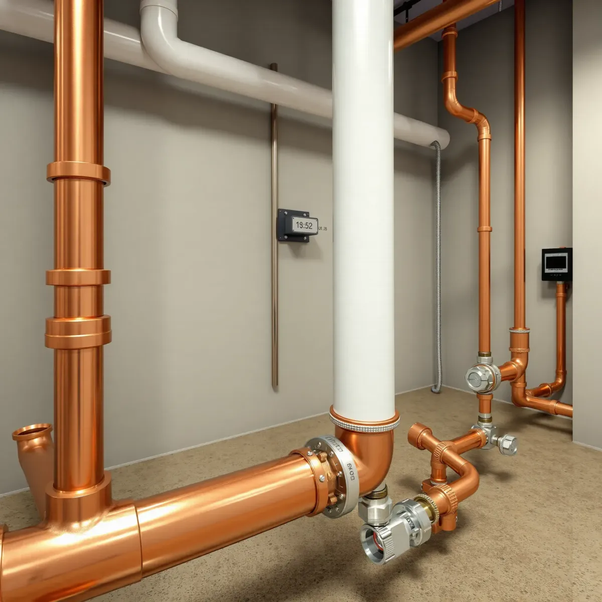 Pristine emergency plumbing system with copper and stainless steel pipes in a modern, organized commercial setting in Alma, CO.