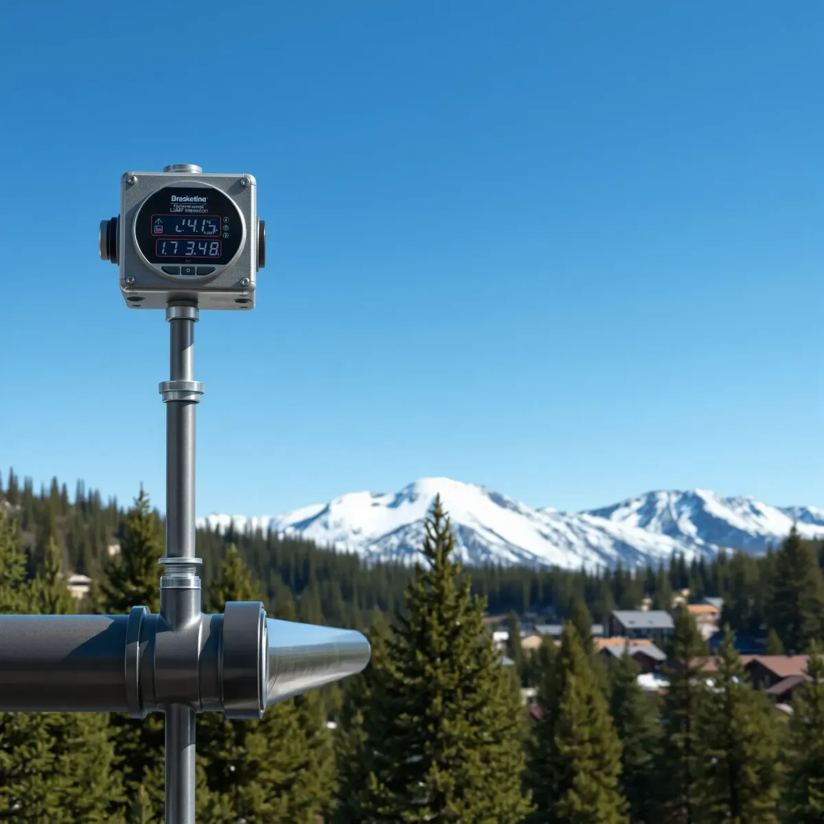 Leak detection device installed outdoors in Breckenridge, Colorado's mountainous landscape with snow-capped peaks.