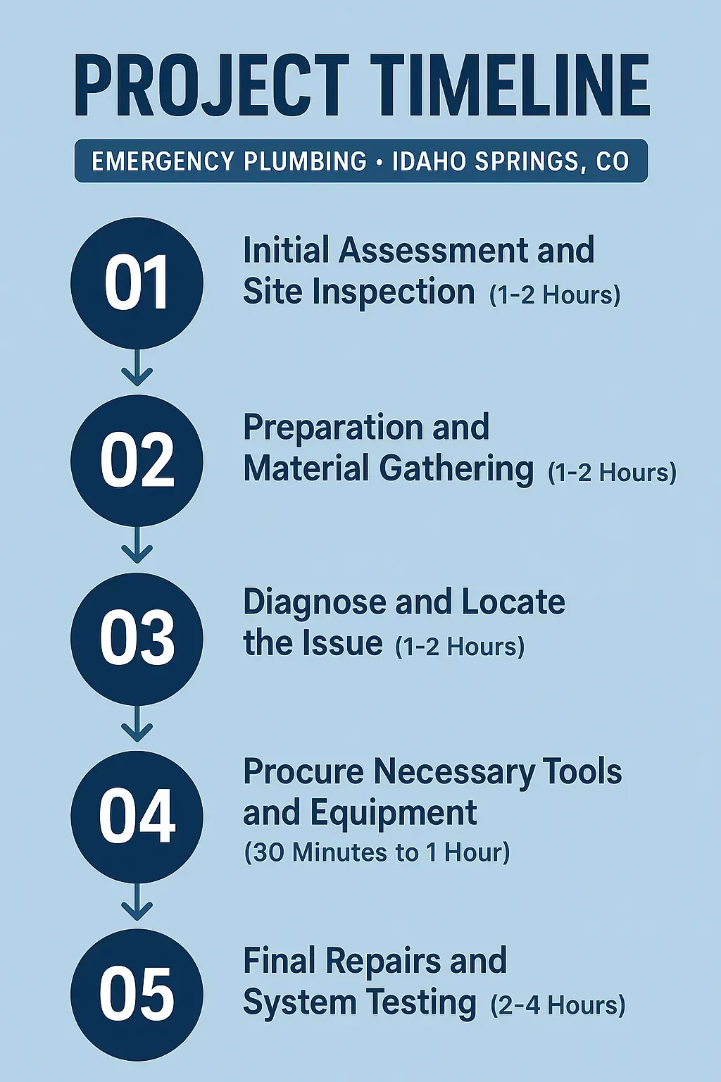 Infographic showing 5-step emergency plumbing project timeline in Idaho Springs, CO—from assessment to final repairs.