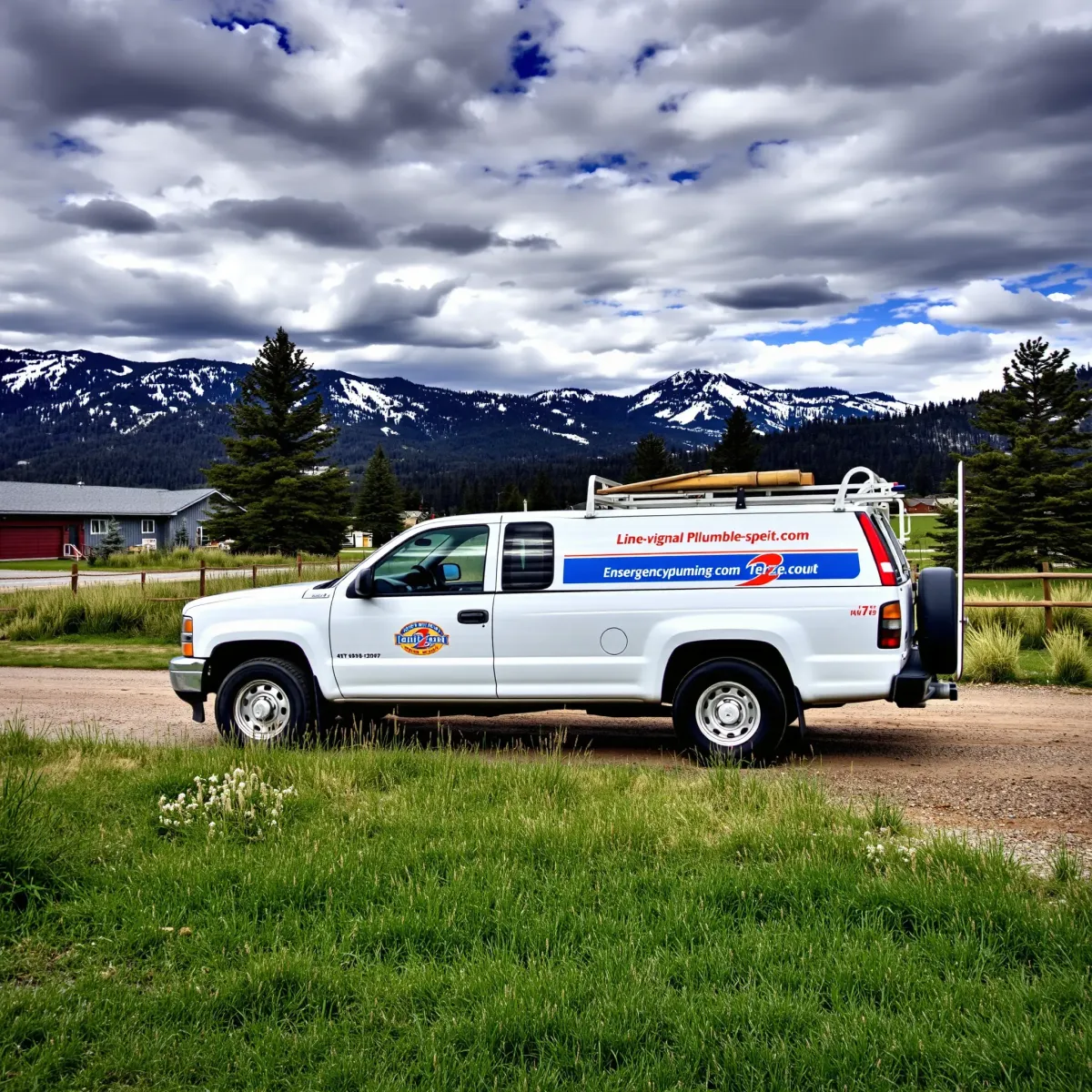 Emergency plumber fixes pipe in Leadville, CO, with tools and water flowing under a bright, clear sky.
