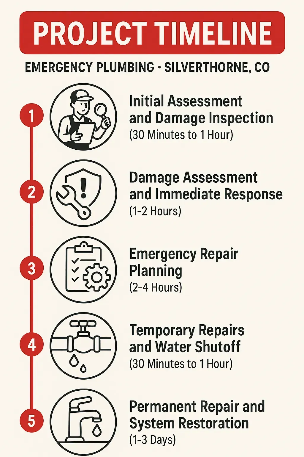 Infographic showing five-step emergency plumbing timeline for Silverthorne, CO: assessment, response, planning, repairs, and restoration.