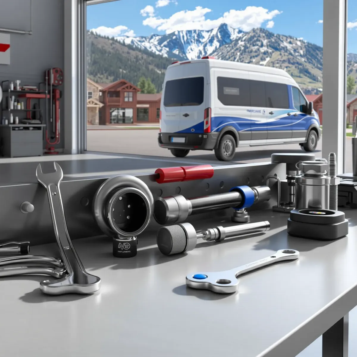 Tools and equipment on a workbench outside a Vail plumbing van, with mountains and clear skies in the background.