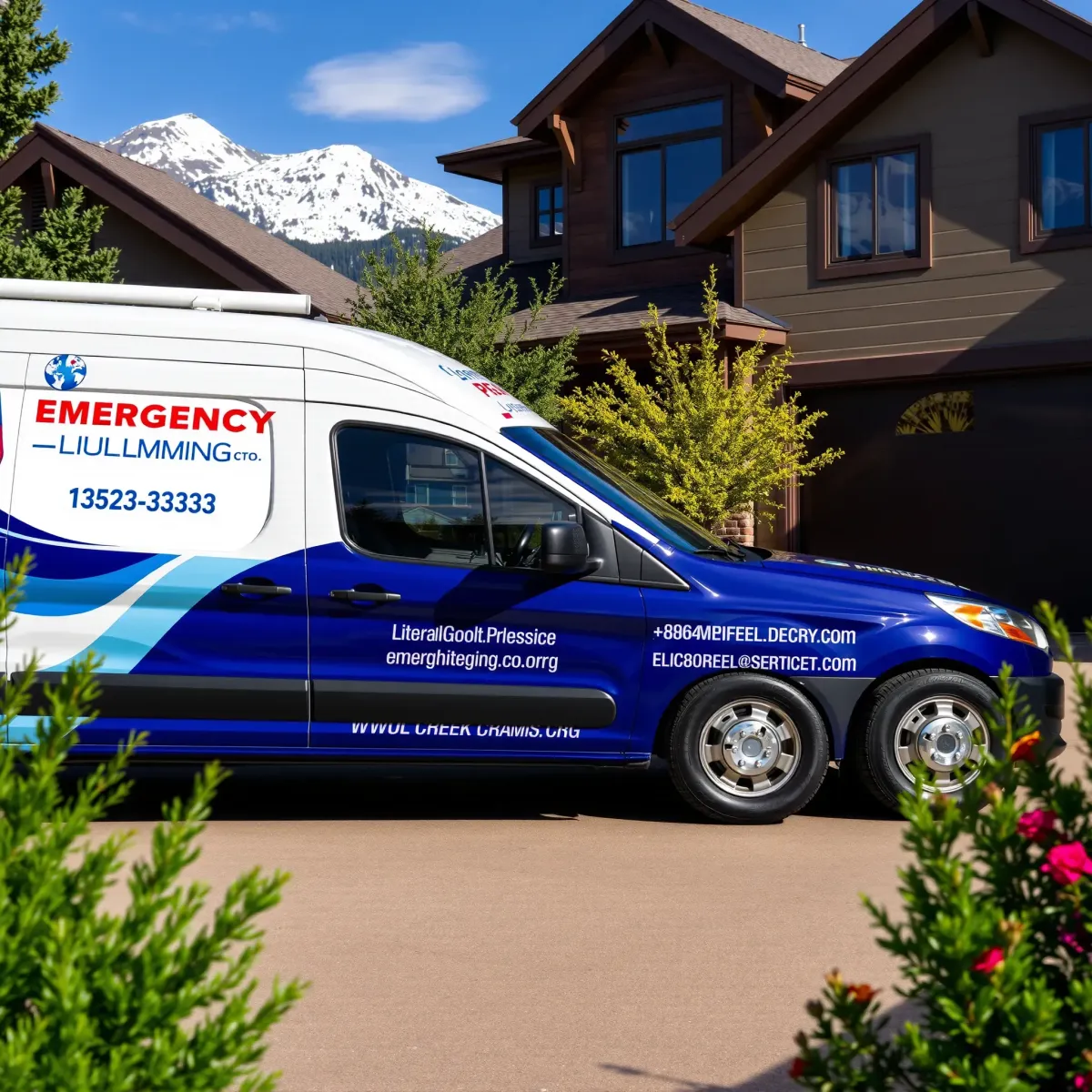 Emergency plumbing truck with branding parked in front of a modern home near snow-capped mountains in Woody Creek, CO.