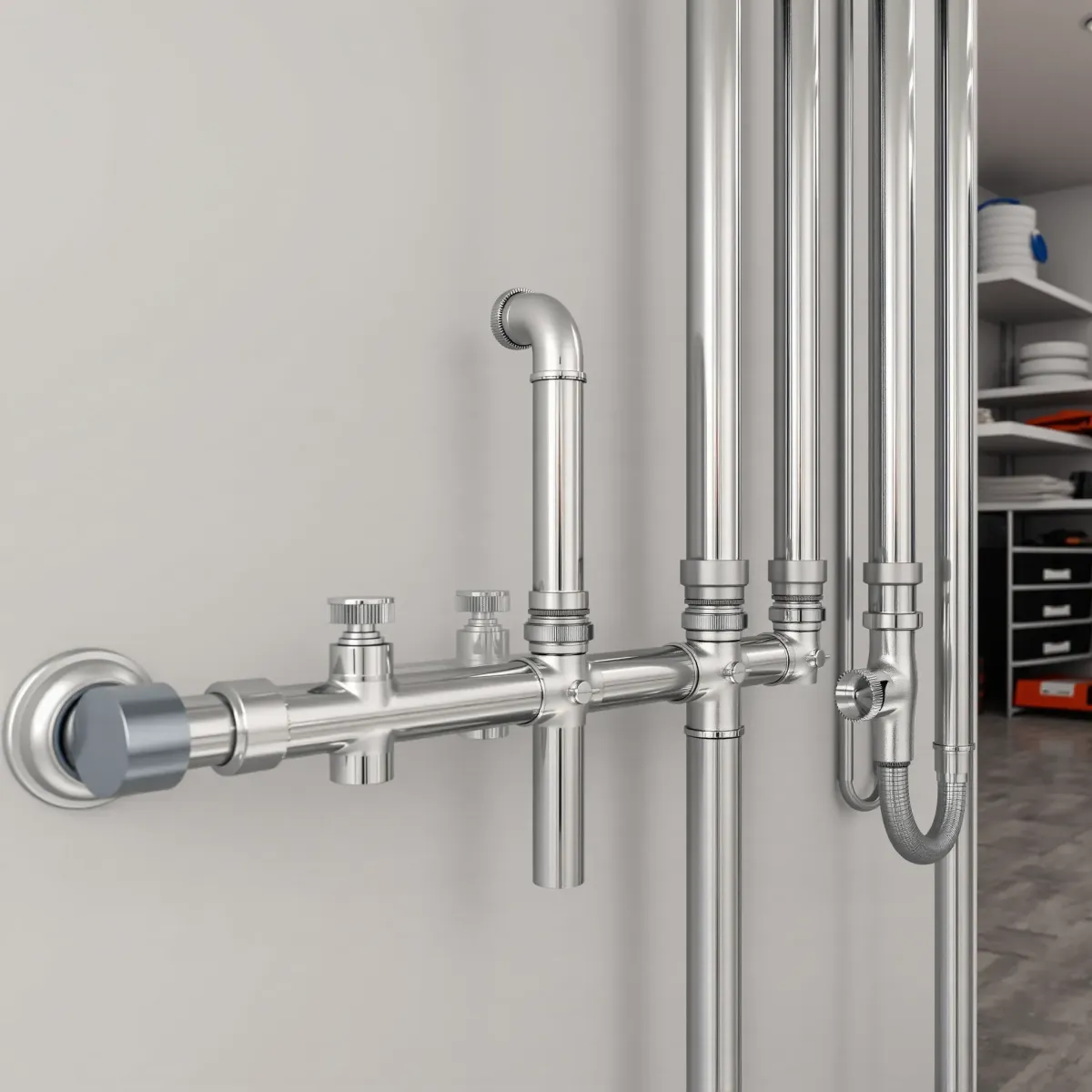 Emergency plumbing setup in Bond, CO with polished stainless steel pipes, valves, and fixtures in a modern utility room.