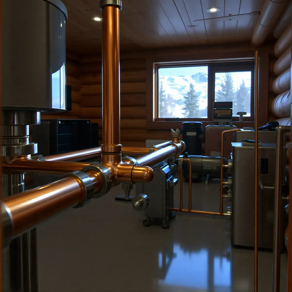 Cozy mountain cabin in Wildernest, CO, featuring a modern, organized plumbing system with copper pipes and rustic interior.