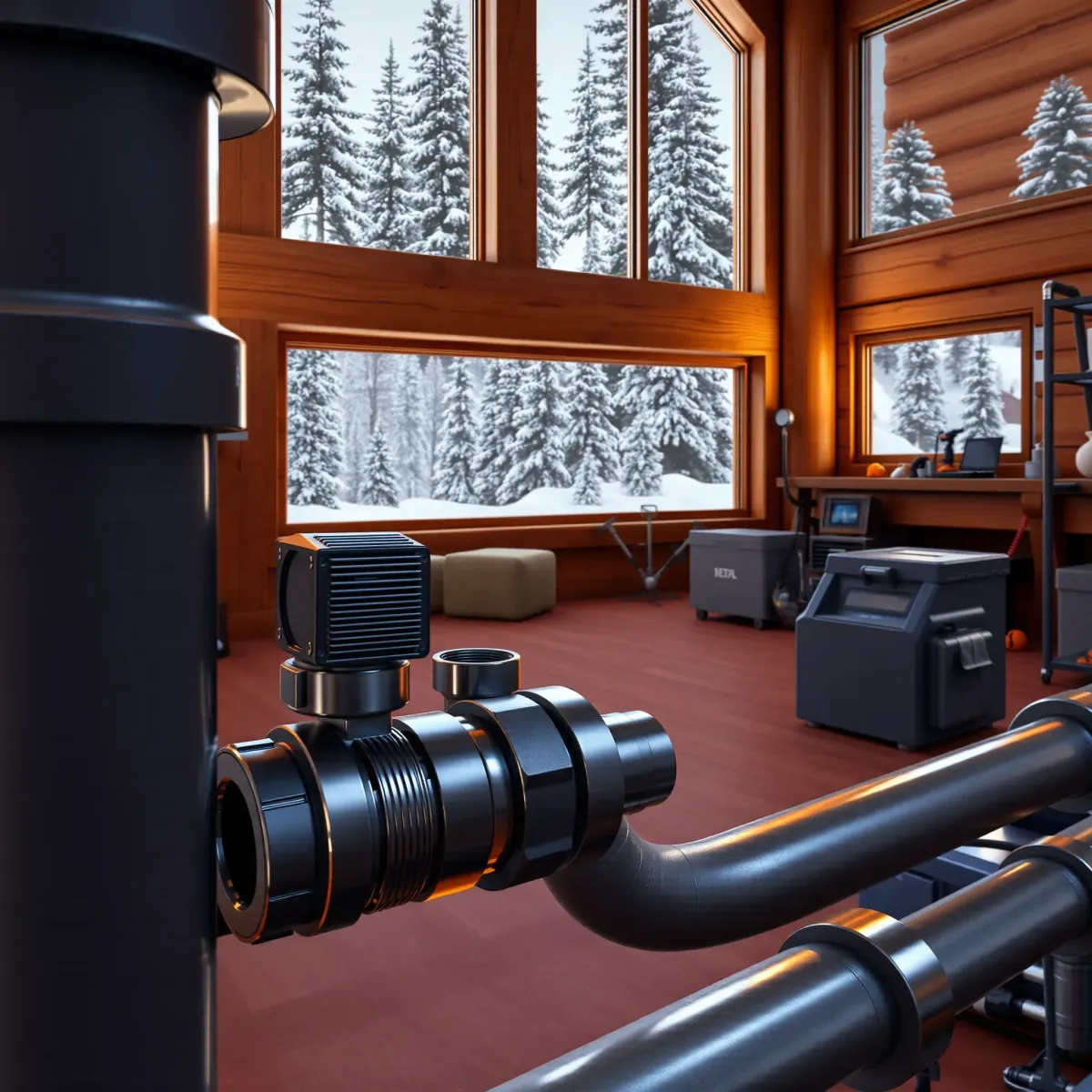 Emergency plumbing setup in a cozy Aspen cabin, featuring high-quality pipes, leak detector, and winter mountain views.