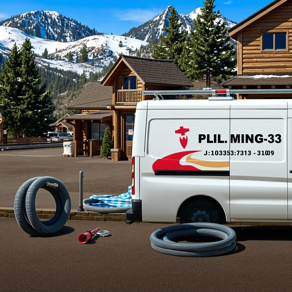 Emergency plumbing repair in Alma, CO featuring a water leak, plumbing tools, and mountain scenery in a small mountain town.