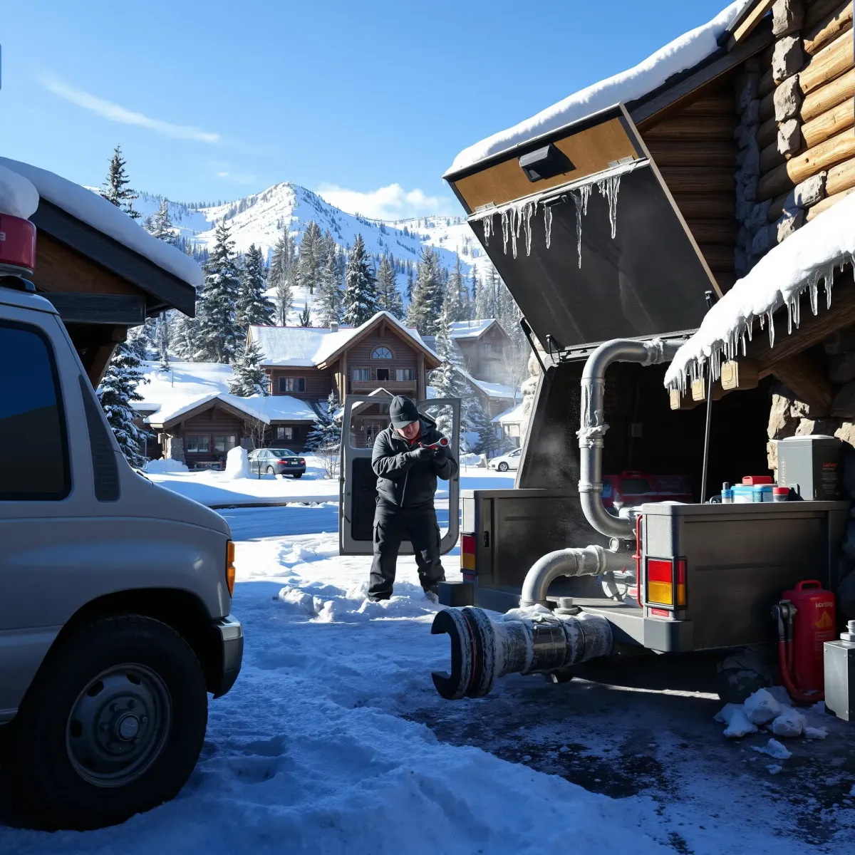 Emergency plumber fixing frozen pipes outside cozy Snowmass Village building with snow, mountains, and pine trees in the background.