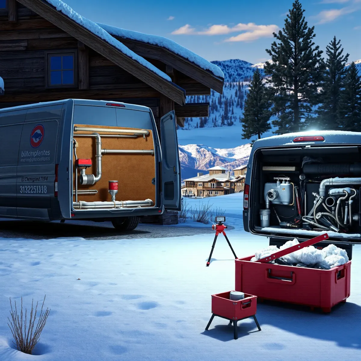 Emergency plumber fixing leaking pipes outside a rustic Colorado home amid snow, with tools, van, and mountain view.