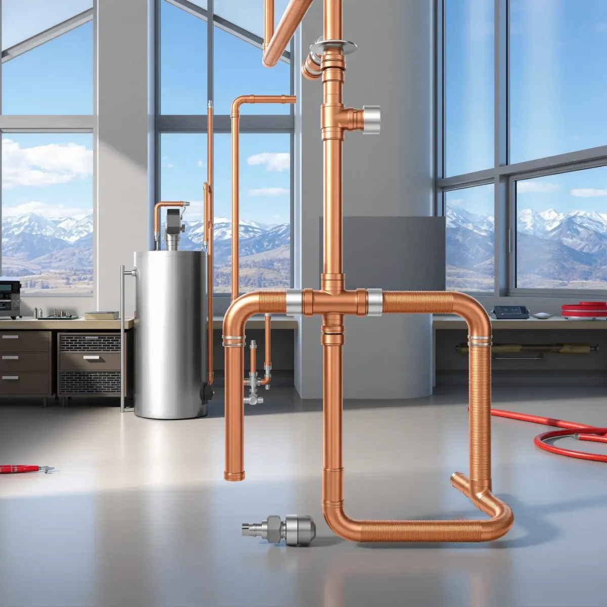 Emergency plumbing setup in Dillon, CO with copper pipes, metal fixtures, and mountain views in a clean, organized workspace.
