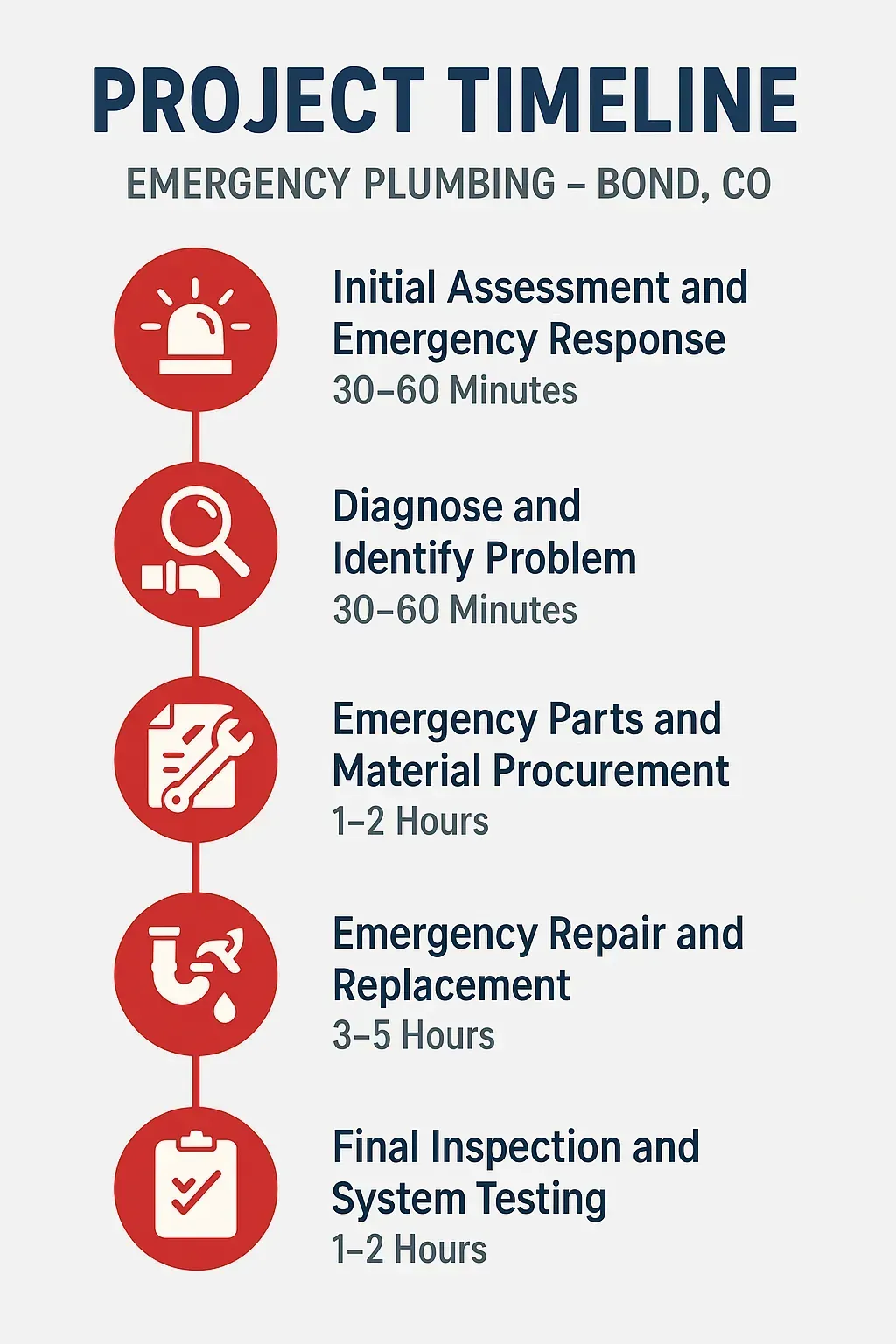 Infographic showing a 5-step emergency plumbing project timeline in Bond, CO: assessment, diagnosis, parts, repair, testing.