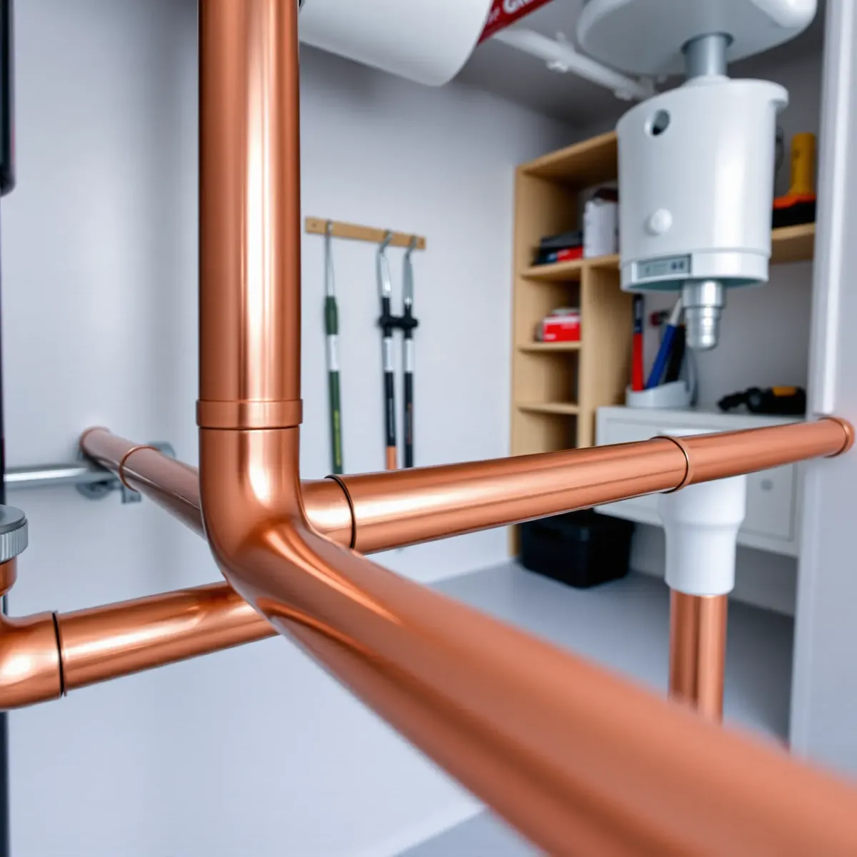 Completed emergency plumbing repair in Bond, CO featuring copper pipes, modern fixtures, and a tidy utility room.
