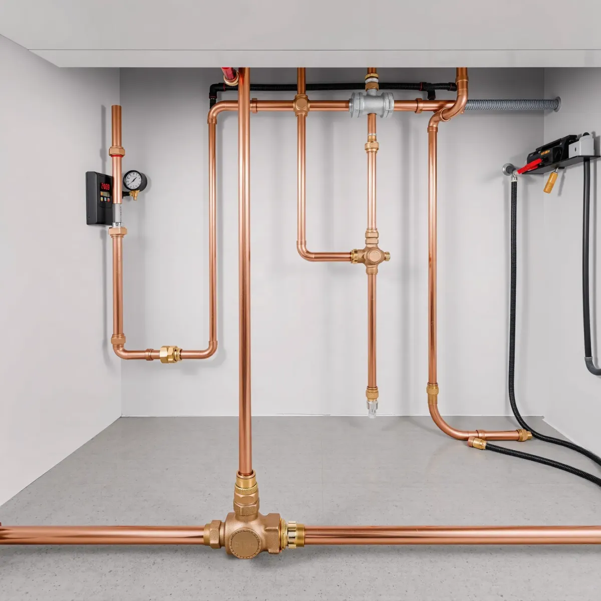 Emergency plumbing system in Avon, CO with polished copper pipes, sturdy valves, and organized fixtures in a modern utility room.
