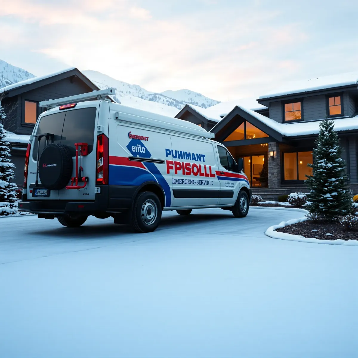 Emergency plumbing van parked in snow-covered Breckenridge neighborhood with mountains in the background.