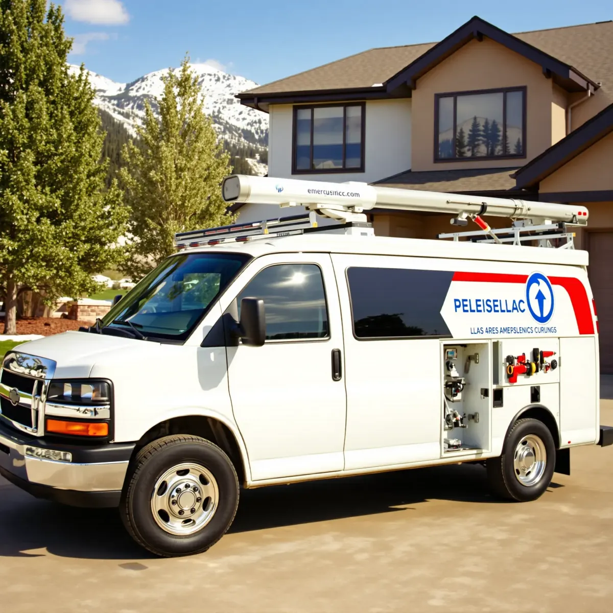 Emergency plumbing truck outside a modern home in Gypsum, CO, with snow-capped mountains, clear driveway, and professional branding.