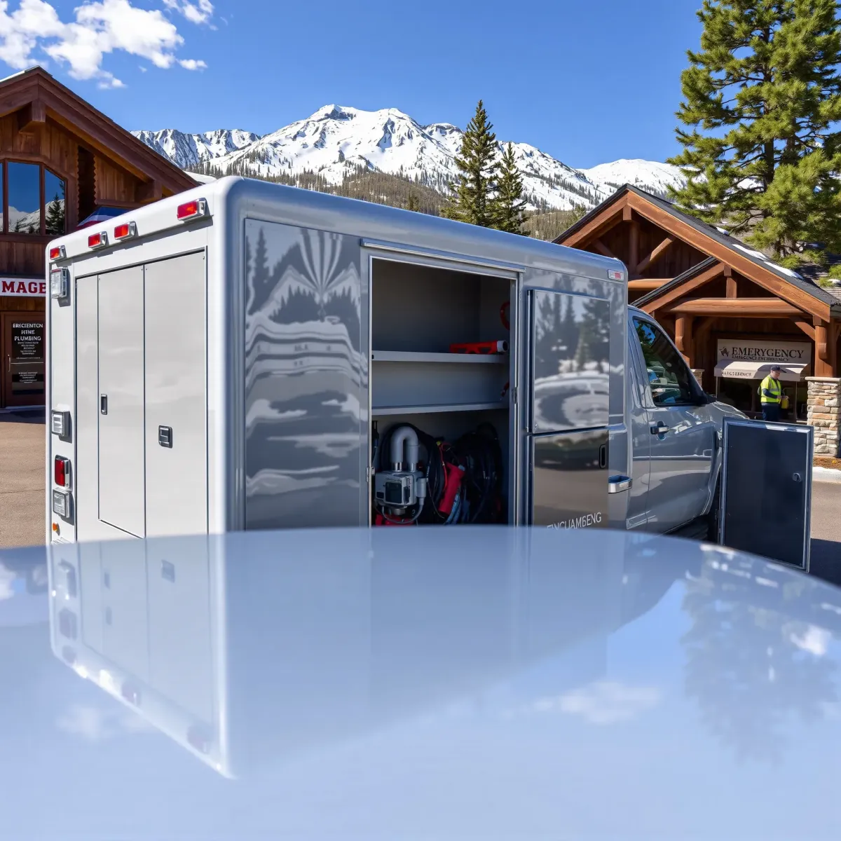 Emergency plumbing truck with tools in front of mountain-style building in Breckenridge, Colorado.