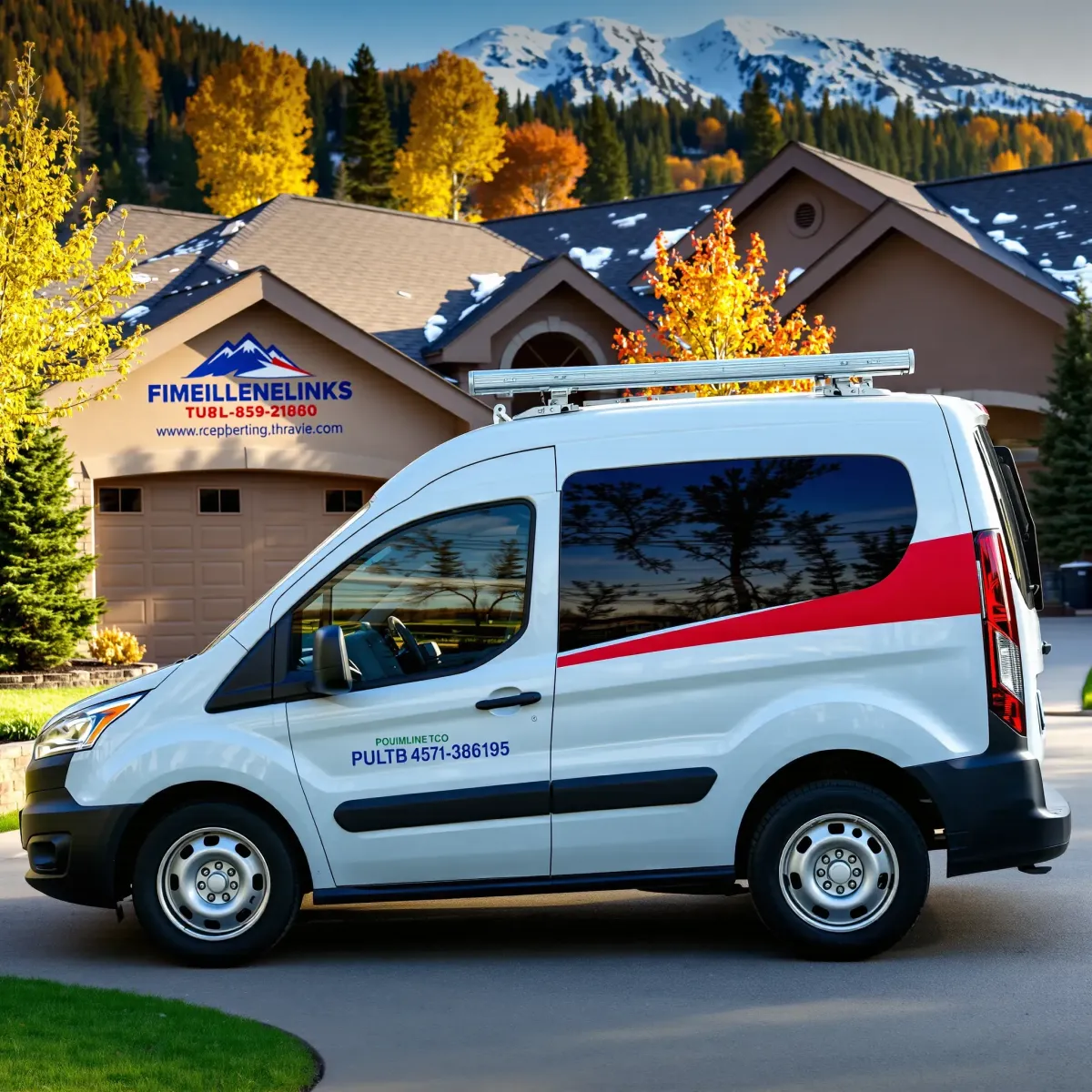 Emergency plumbing service truck with tools in front of a Colorado home amid mountain and fall foliage.