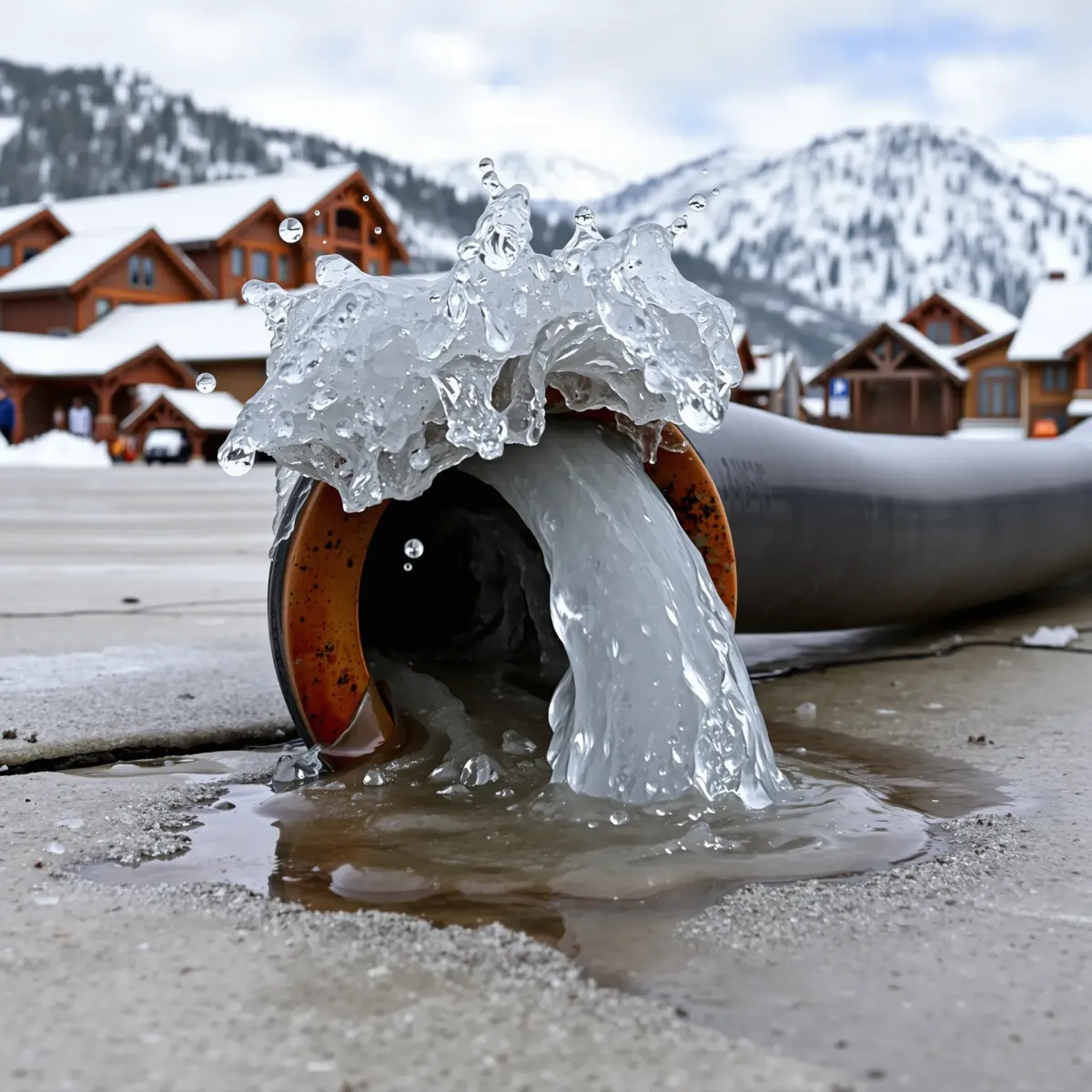Damaged water pipe leaking in snowy Breckenridge, CO, with mountain backdrop, cracked pavement, ice, and snow-covered rooftops.