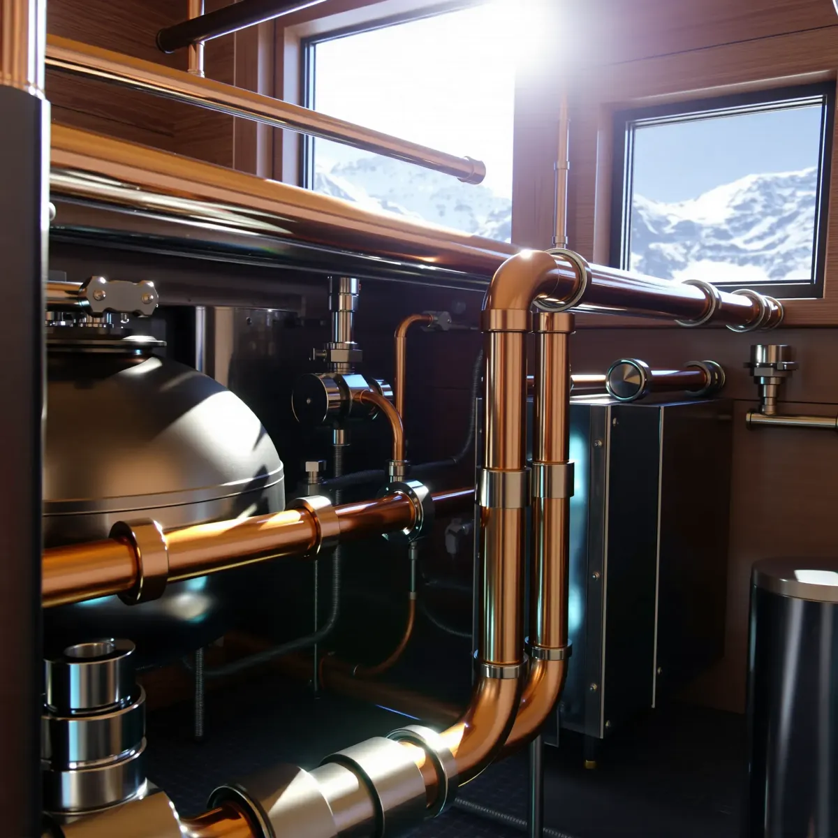 Modern plumbing system with polished copper pipes in a clean mechanical room in Breckenridge, Colorado.
