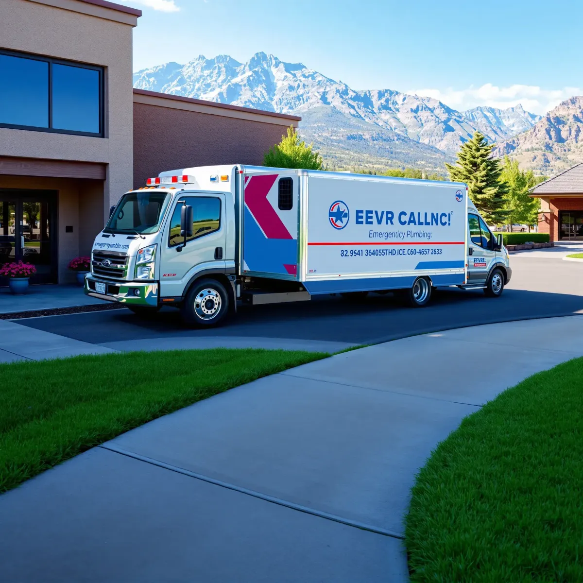 Emergency plumbing service vehicle parked at a well-maintained Alma, CO commercial building with mountain views and landscaping.