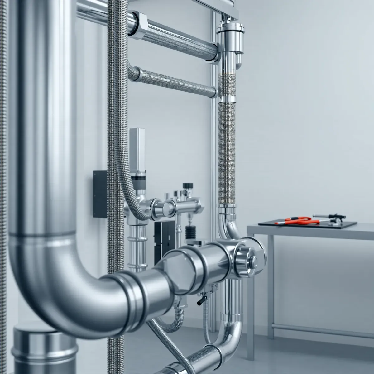 Emergency plumbing setup in Alma, CO with polished metal pipes, modern fixtures, organized tools, and professional workspace.