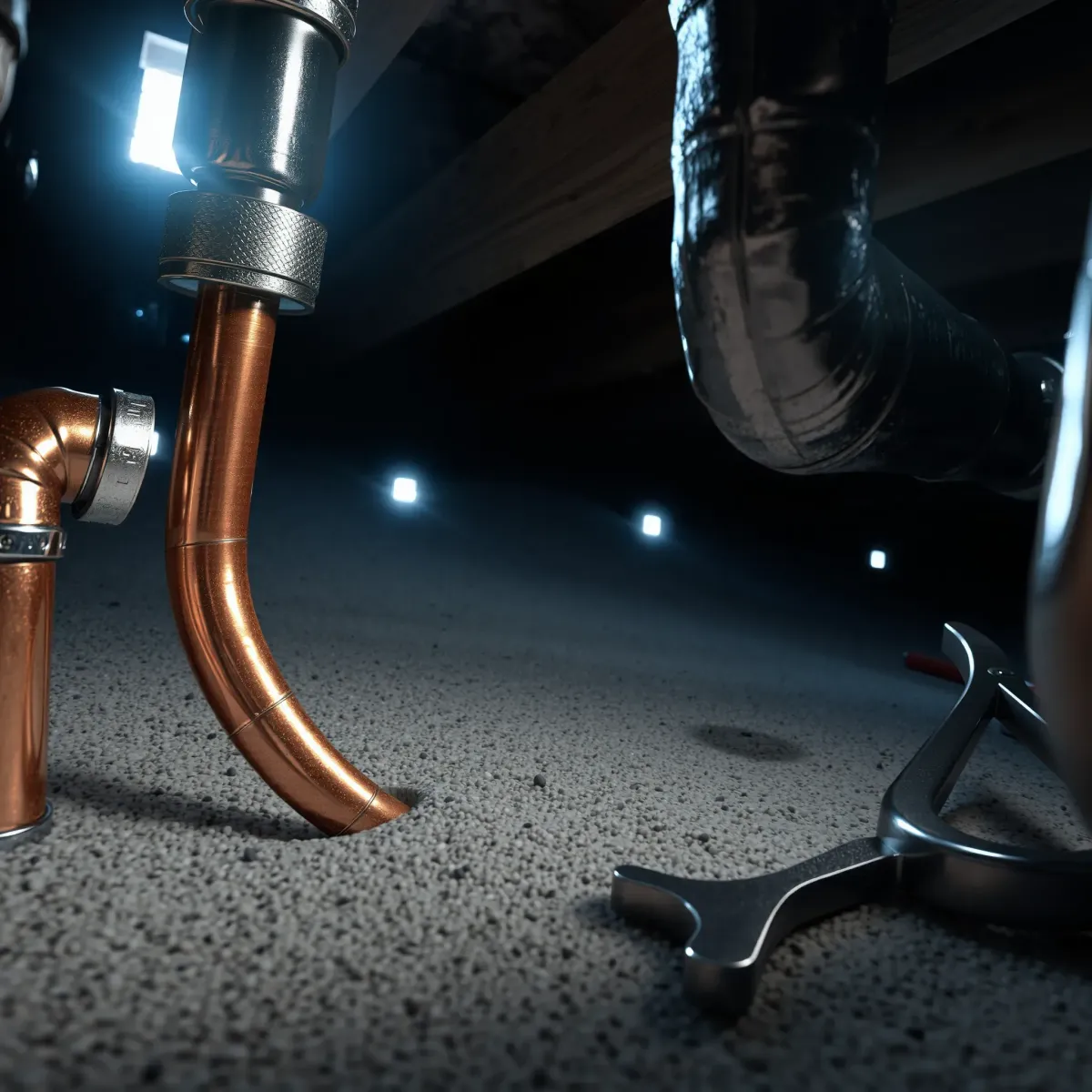 Close-up of organized copper and stainless steel pipes, tools, and well-lit crawl space in Georgetown, CO.