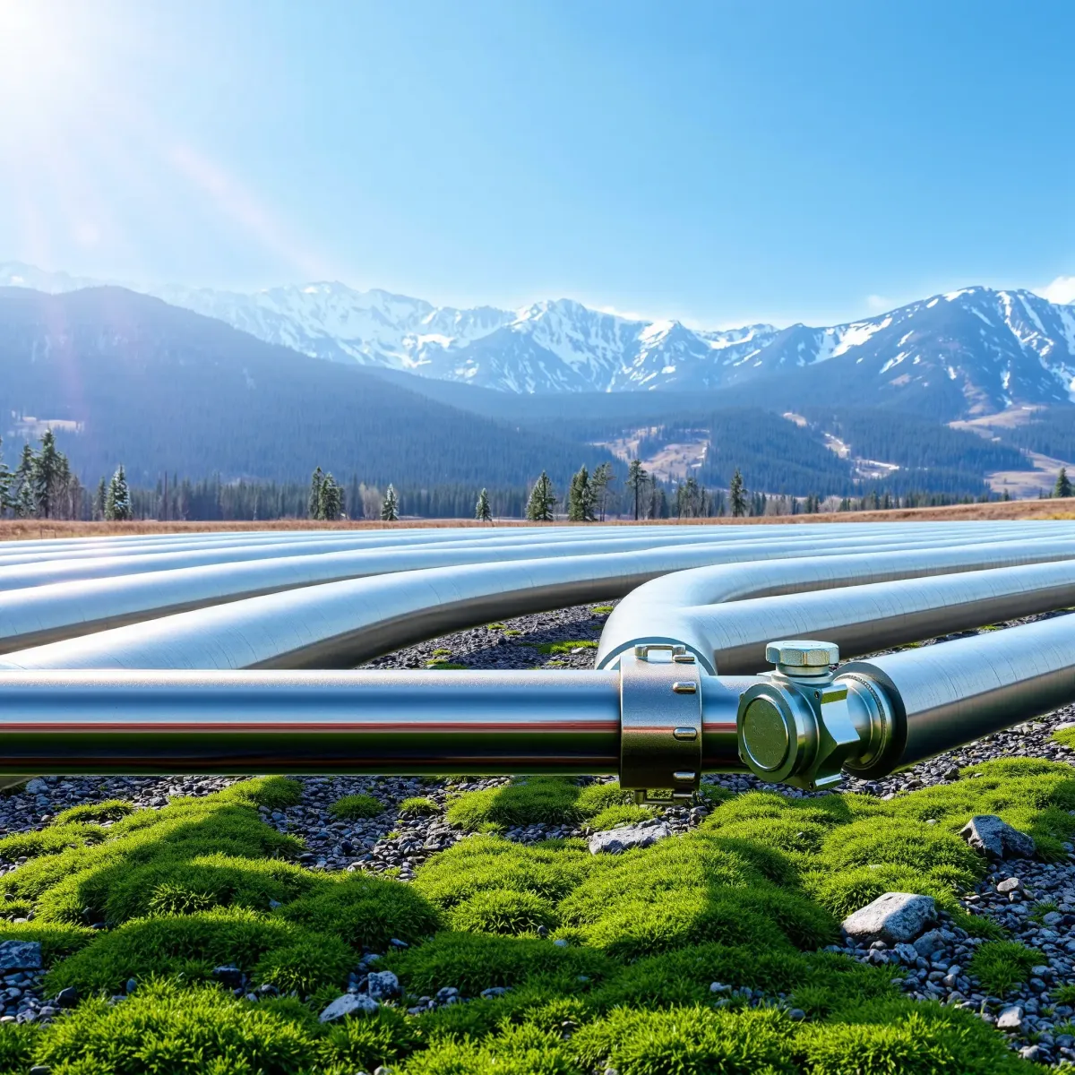 Well-maintained supply line system with metal pipes against Breckenridge mountain landscape, highlighting quality and durability.
