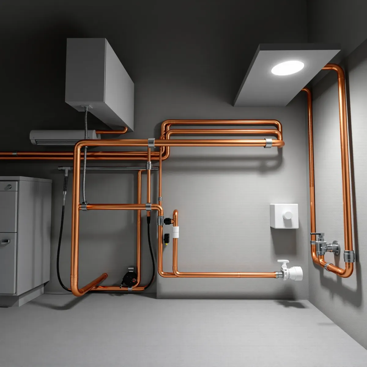 Completed emergency plumbing setup in a modern utility room with copper pipes, fixtures, tools, and clean design.