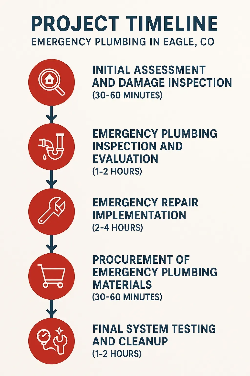 Infographic for Eagle, CO emergency plumbing project timeline: assessment, inspection, repair, materials, testing, optimized layout.
