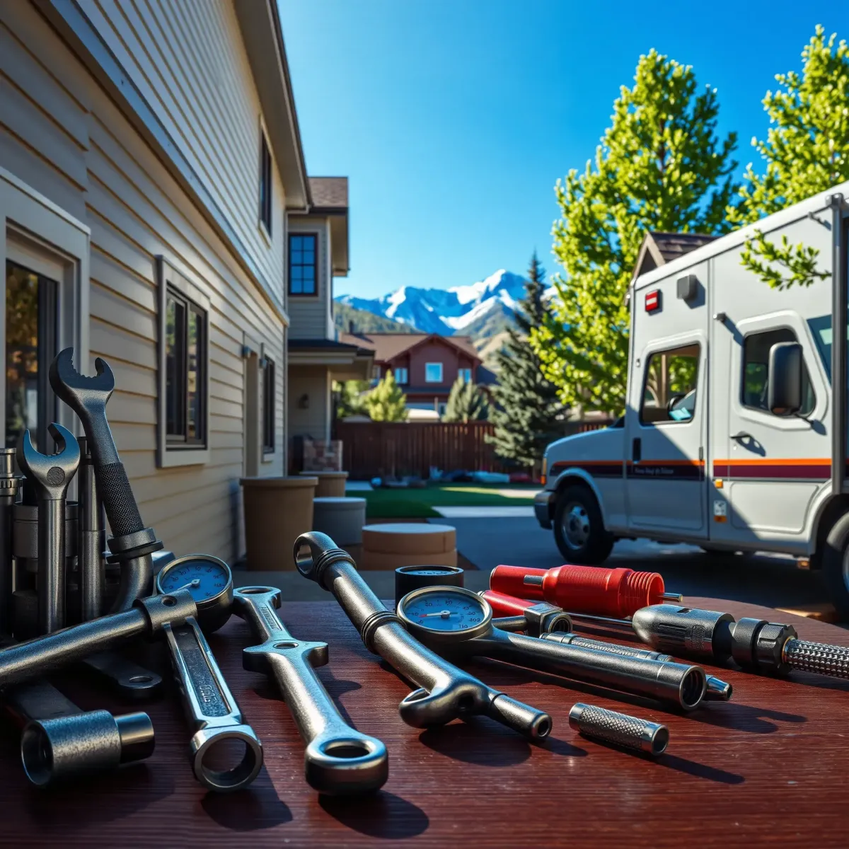 Emergency plumbing truck near a modern Silverthorne home with tools, mountain views, sunny day, highlighting professional services.