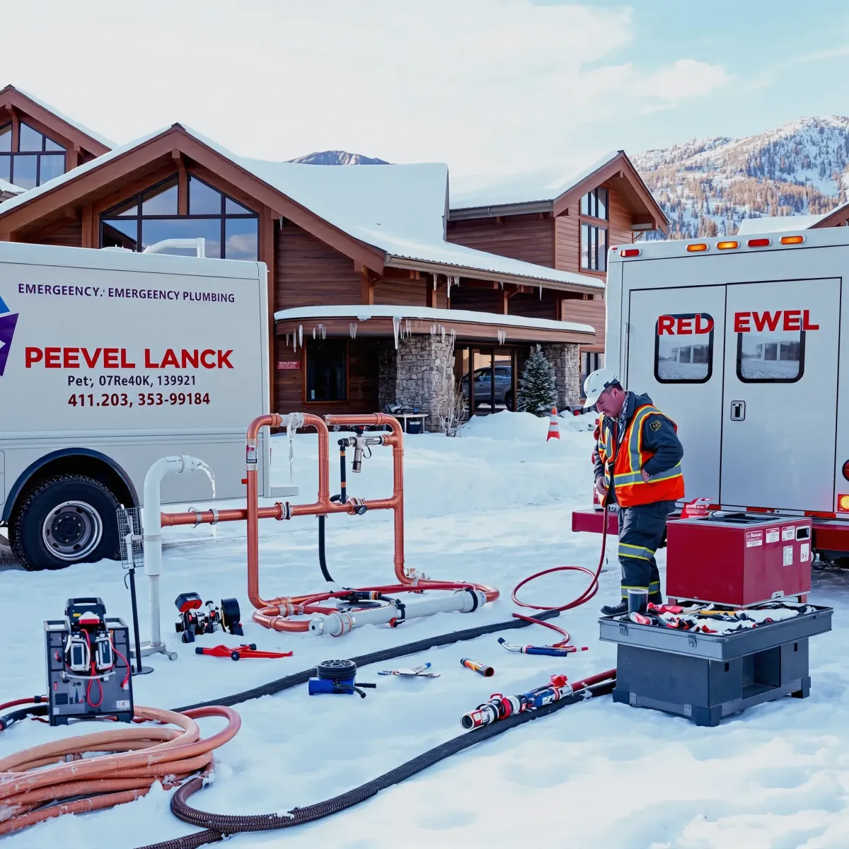 Emergency plumber repairs exposed pipes outside a mountain-style building in snowy Beaver Creek, CO, with emergency truck and tools.