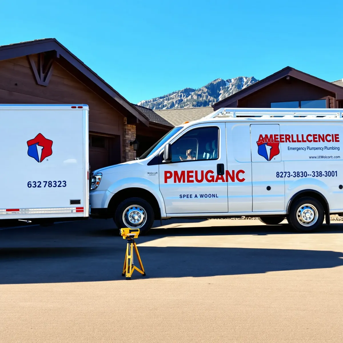Emergency plumbing truck in Wolcott, CO, with scenic mountains, modern home, and plumbing tools ready for quick service.