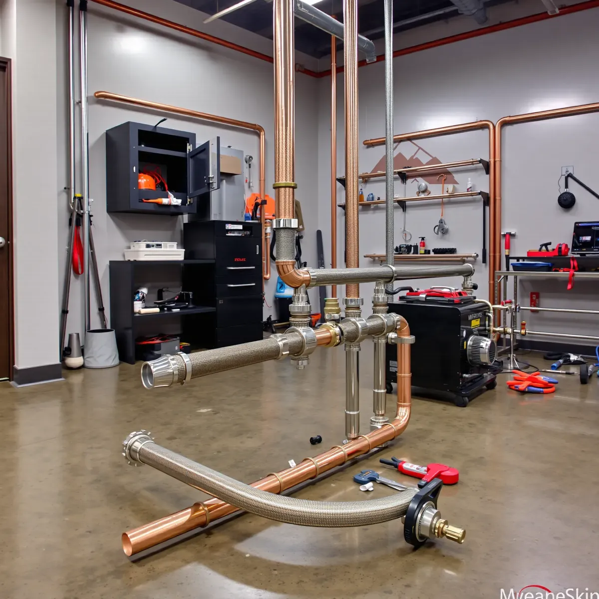 Modern emergency plumbing setup in Breckenridge, CO with copper, stainless steel pipes, valves, and fittings in a clean, organized workshop.