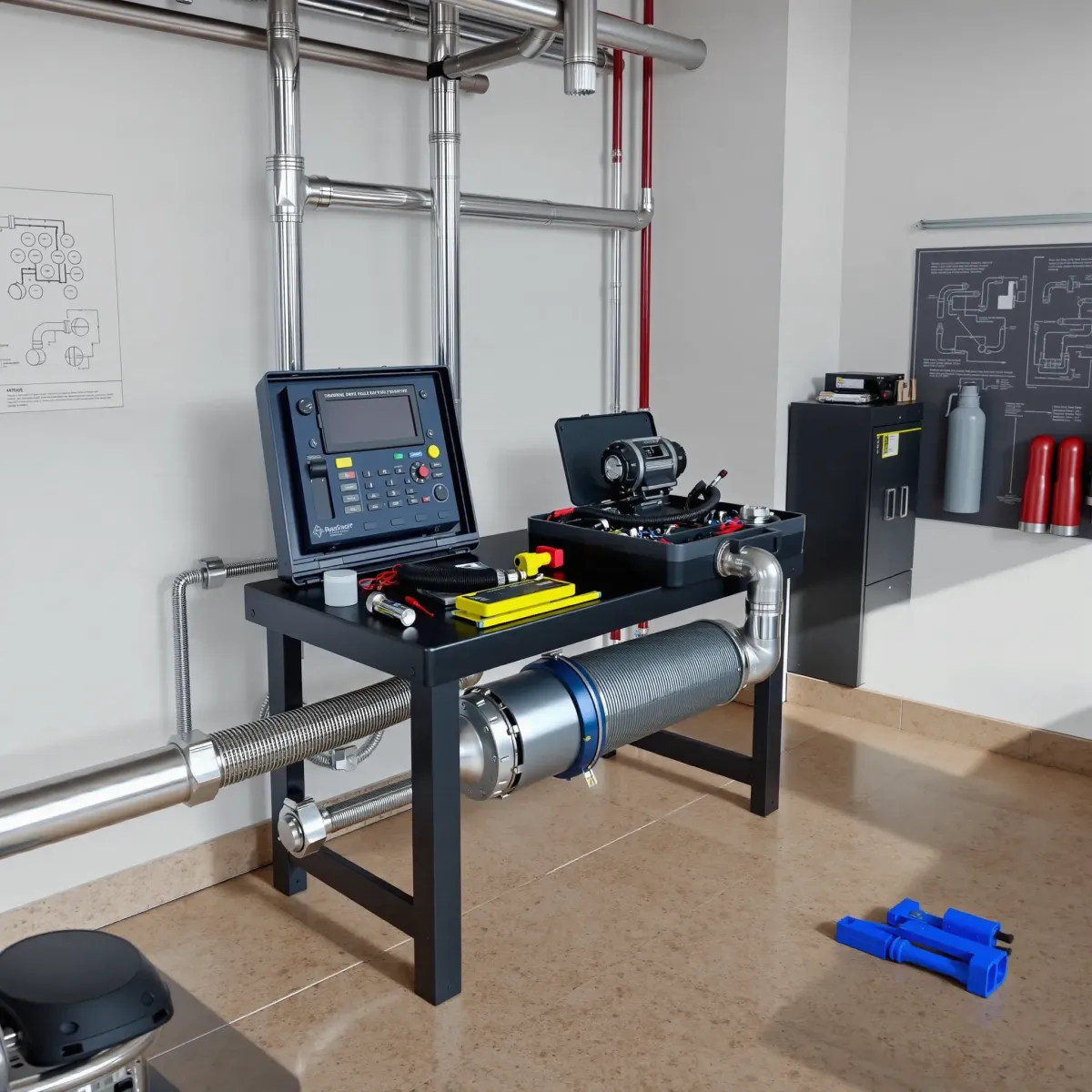 Professional emergency plumbing installation in Wolcott, CO, with organized tools, modern pipes, fittings, and leak detection equipment.