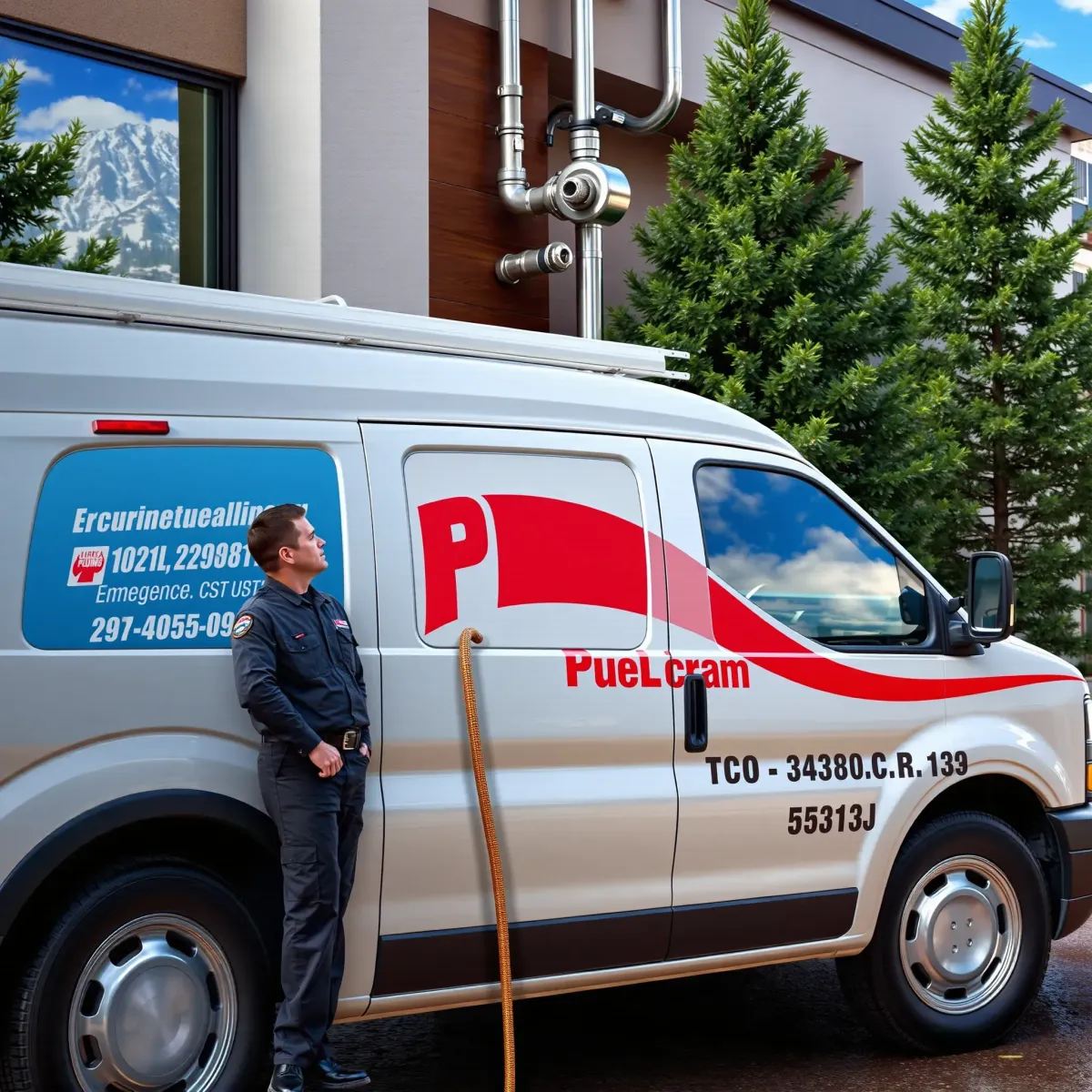 Emergency plumbing technician inspecting pipes outside a Basalt, CO building with mountain scenery, tools, and a service van.