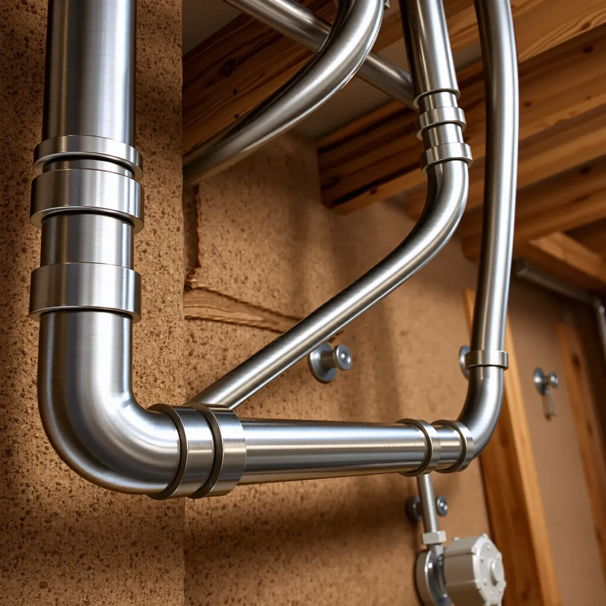 Fully installed modern plumbing system in a rustic Colorado mountain home, showcasing expert craftsmanship and durable fittings.