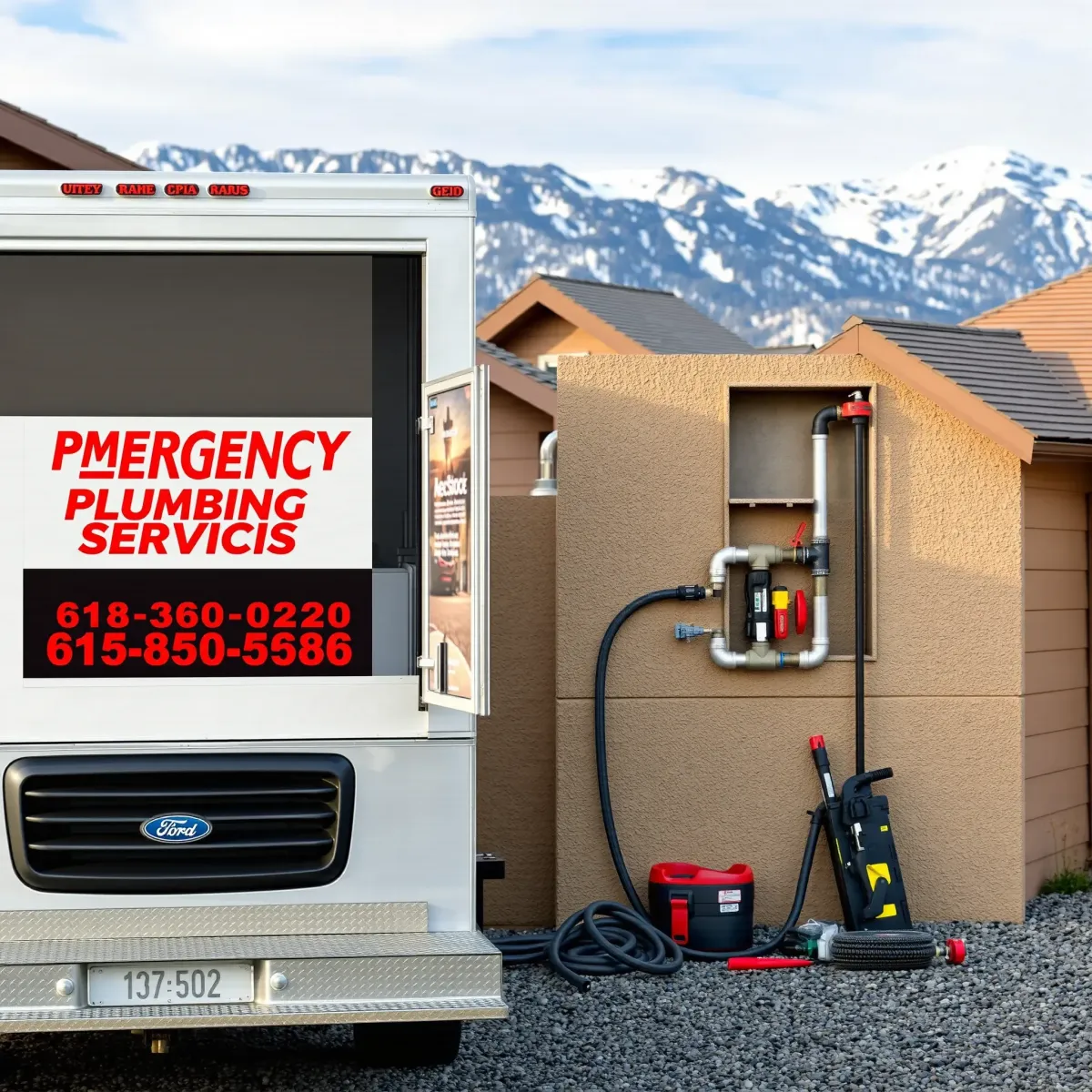 Emergency plumbing truck outside a Colorado home with tools and leak repair in a snow-capped mountain setting.