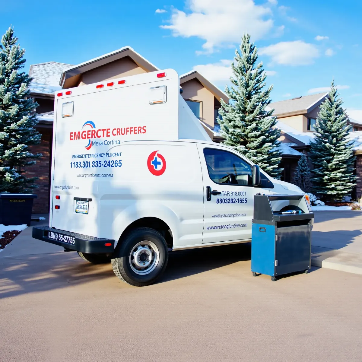 Emergency plumbing service truck parked outside a modern home in Mesa Cortina, CO, with snow, pine trees, and mountain architecture.