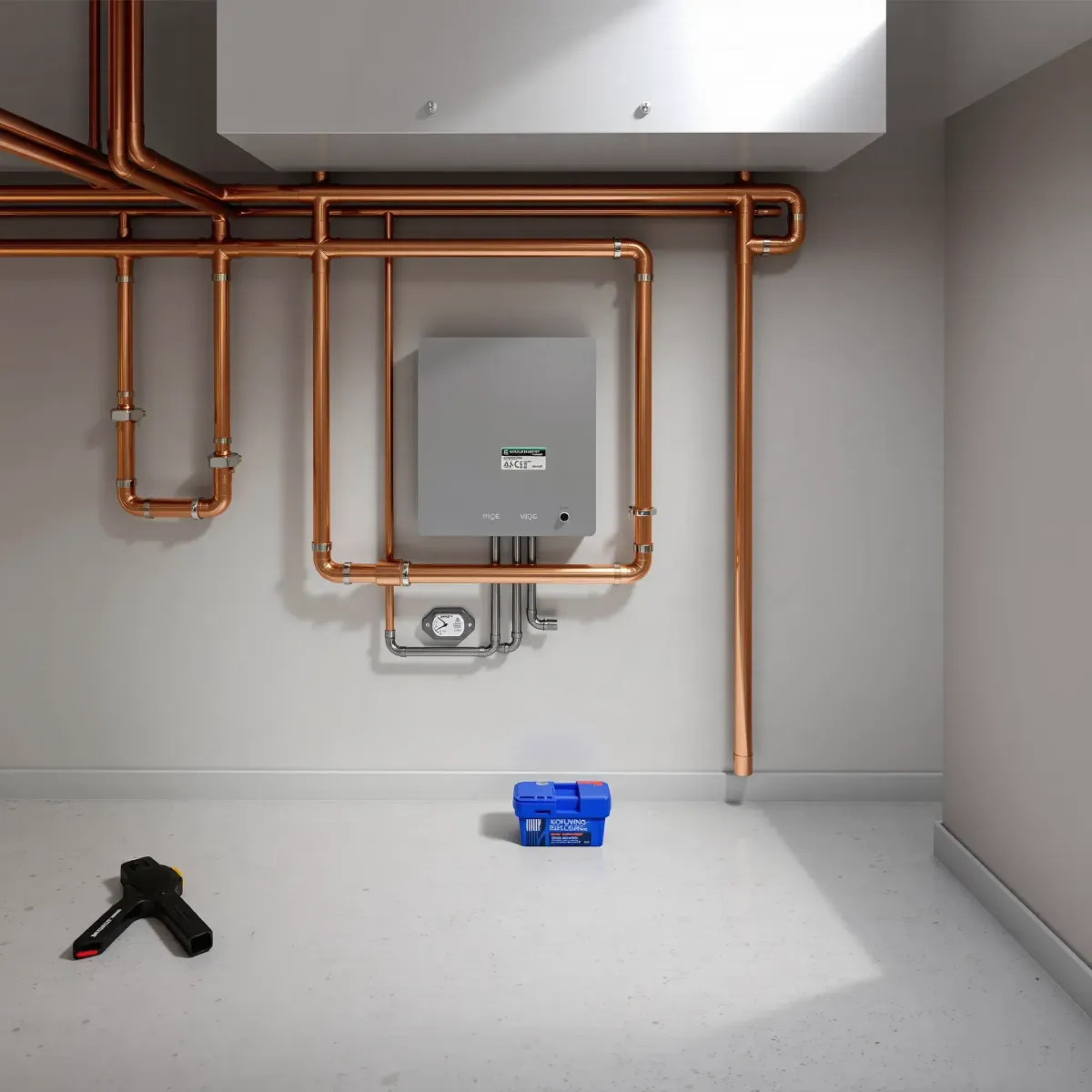 Clean, modern plumbing setup in Basalt, CO with polished copper and stainless steel pipes behind a sleek service panel.