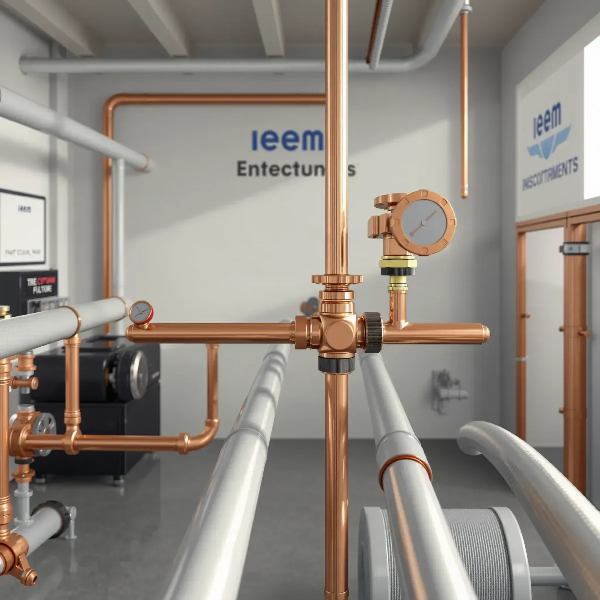 Pristine emergency plumbing system with polished copper pipes, valves, and gauges in a clean, organized utility room.