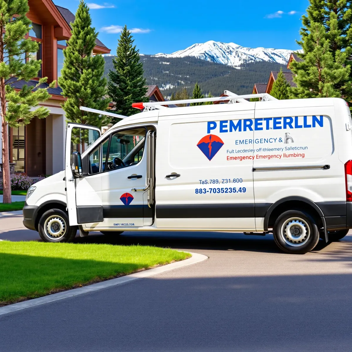 Emergency plumbing service van in Keystone, CO, with mountain scenery, alpine houses, and a repaired bathroom sink.