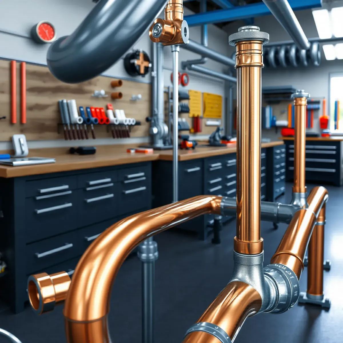 Pristine emergency plumbing setup with polished copper pipes, modern fixtures, and a tidy workshop background.