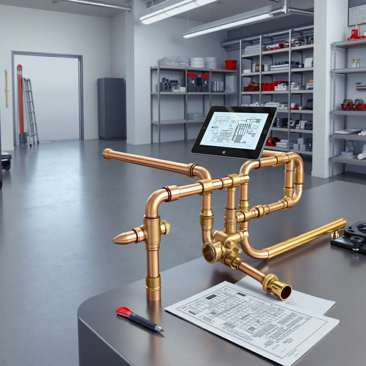 Well-organized modern plumbing setup in Old Snowmass, CO with copper pipes, brass fittings, tools, blueprints, and a workshop background.