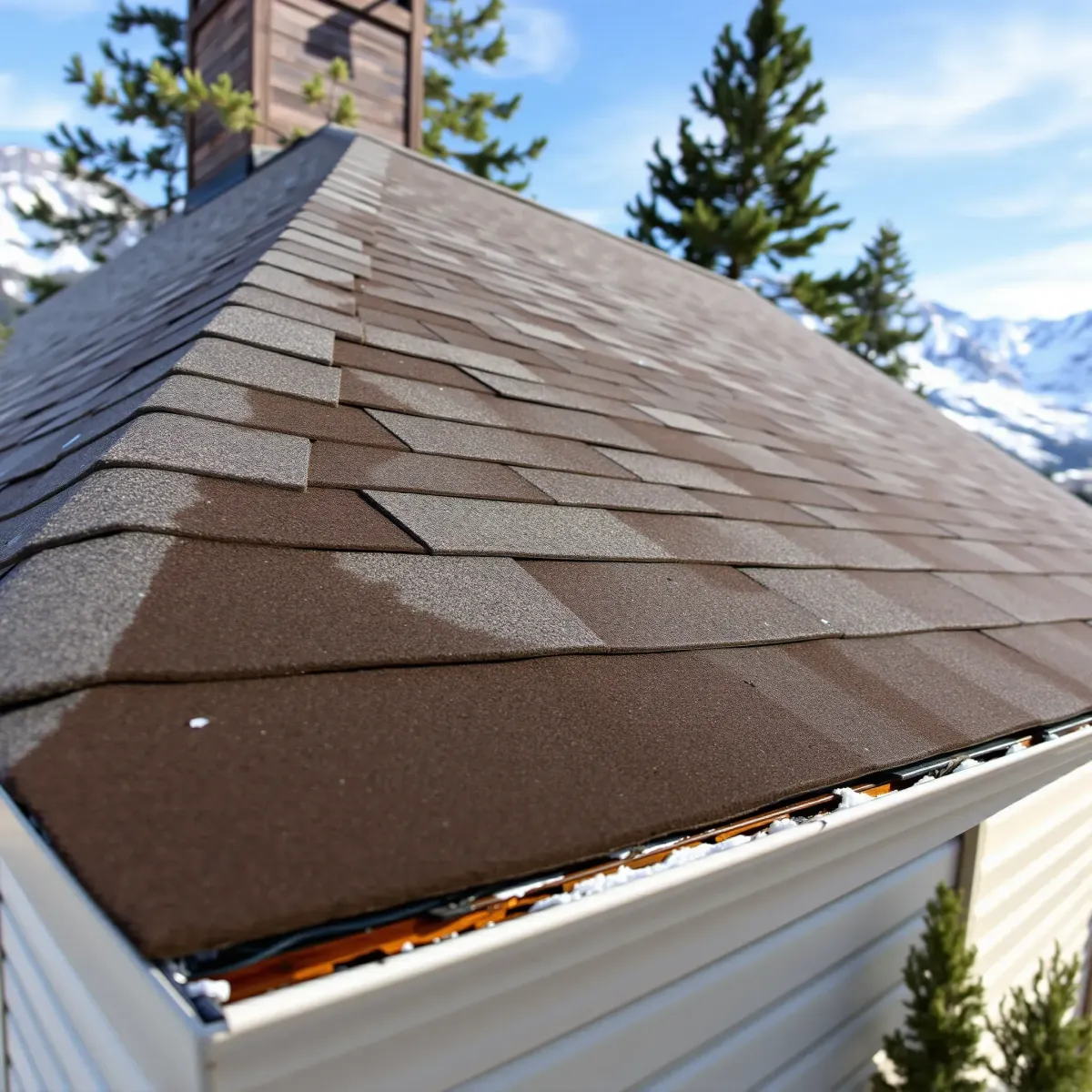 Finished roof leak repair on a house in Breckenridge, CO, with detailed shingles, mountain backdrop, and clear craftsmanship.