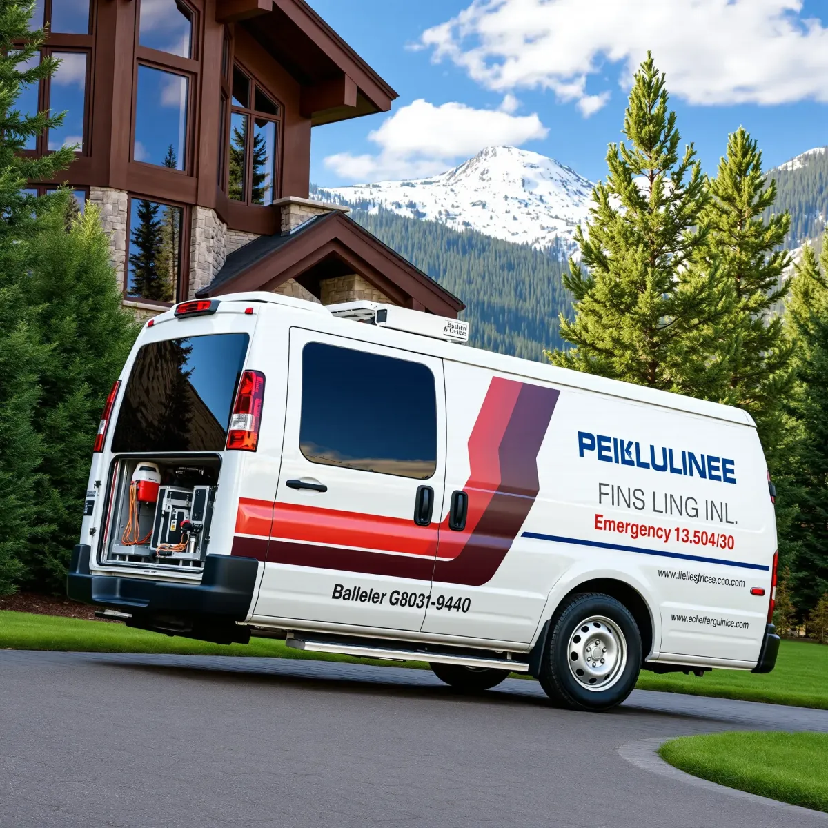 Emergency plumbing van parked at a luxury mountain home in Bachelor Gulch, CO, showcasing professional branding and reliable service.
