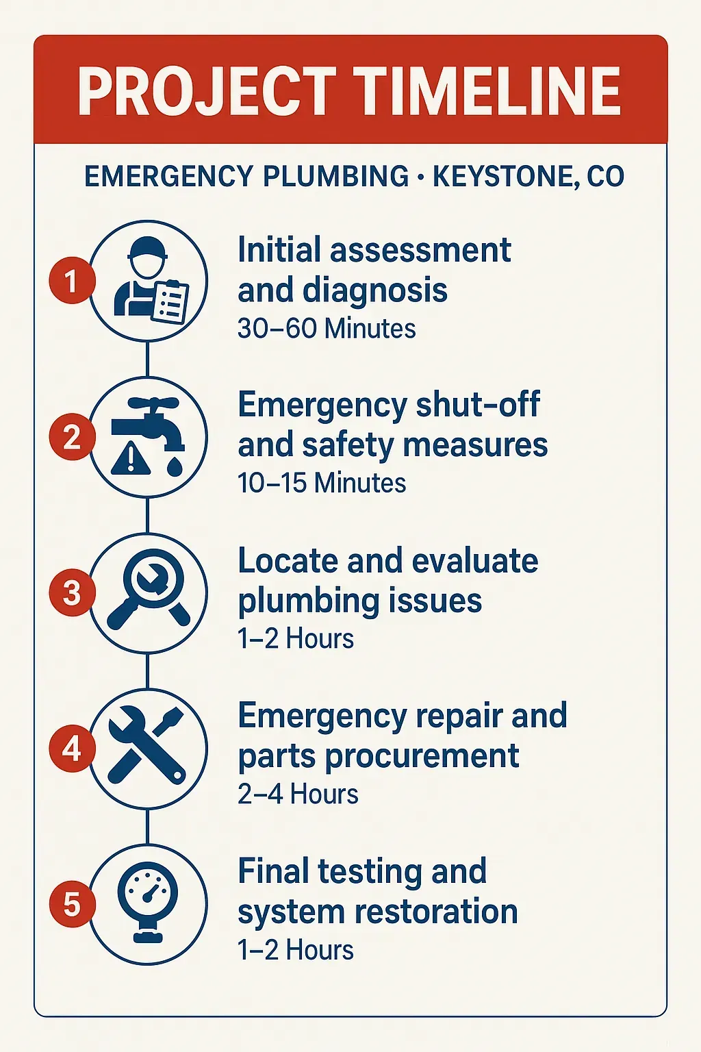 Infographic showing 5-step emergency plumbing timeline: assessment, safety, diagnosis, repair, and testing.