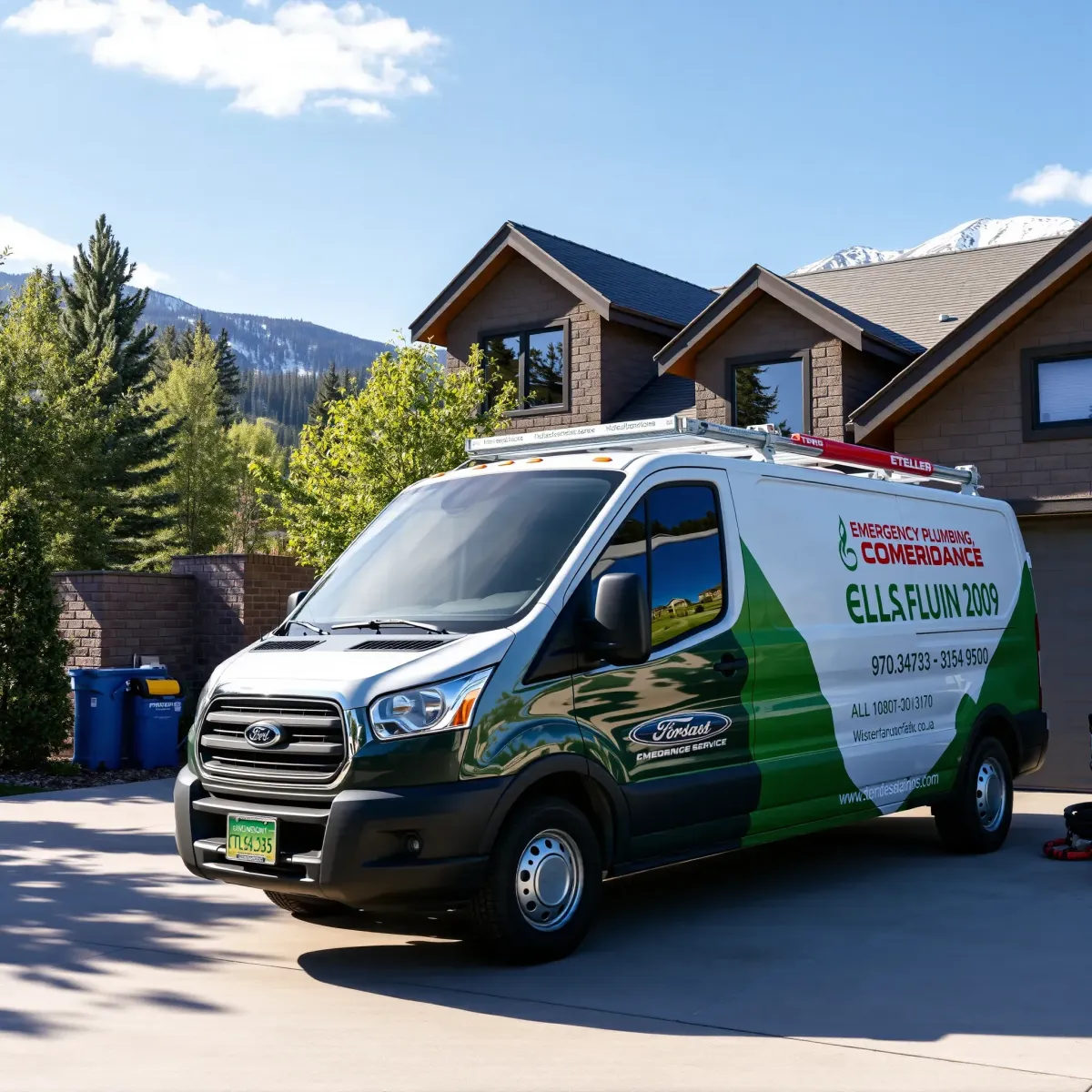 Emergency plumbing truck parked outside a modern home in Twin Lakes, CO, with mountains and greenery in the background.